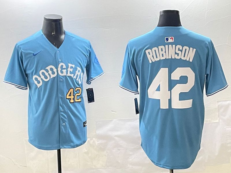 Men Los Angeles Dodgers #42 Robinson Light Blue Joint Name 2025 Nike MLB Jersey style 21